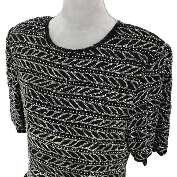 Laurence Kazar Top Plus Size 2X XXL Black Silk Blouse Silver Beads Vintage - Picture 8 of 13